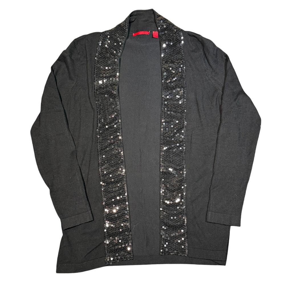 RED Cardigan XL Black Womens Sequin Trim Open Front Lightweight Dressy